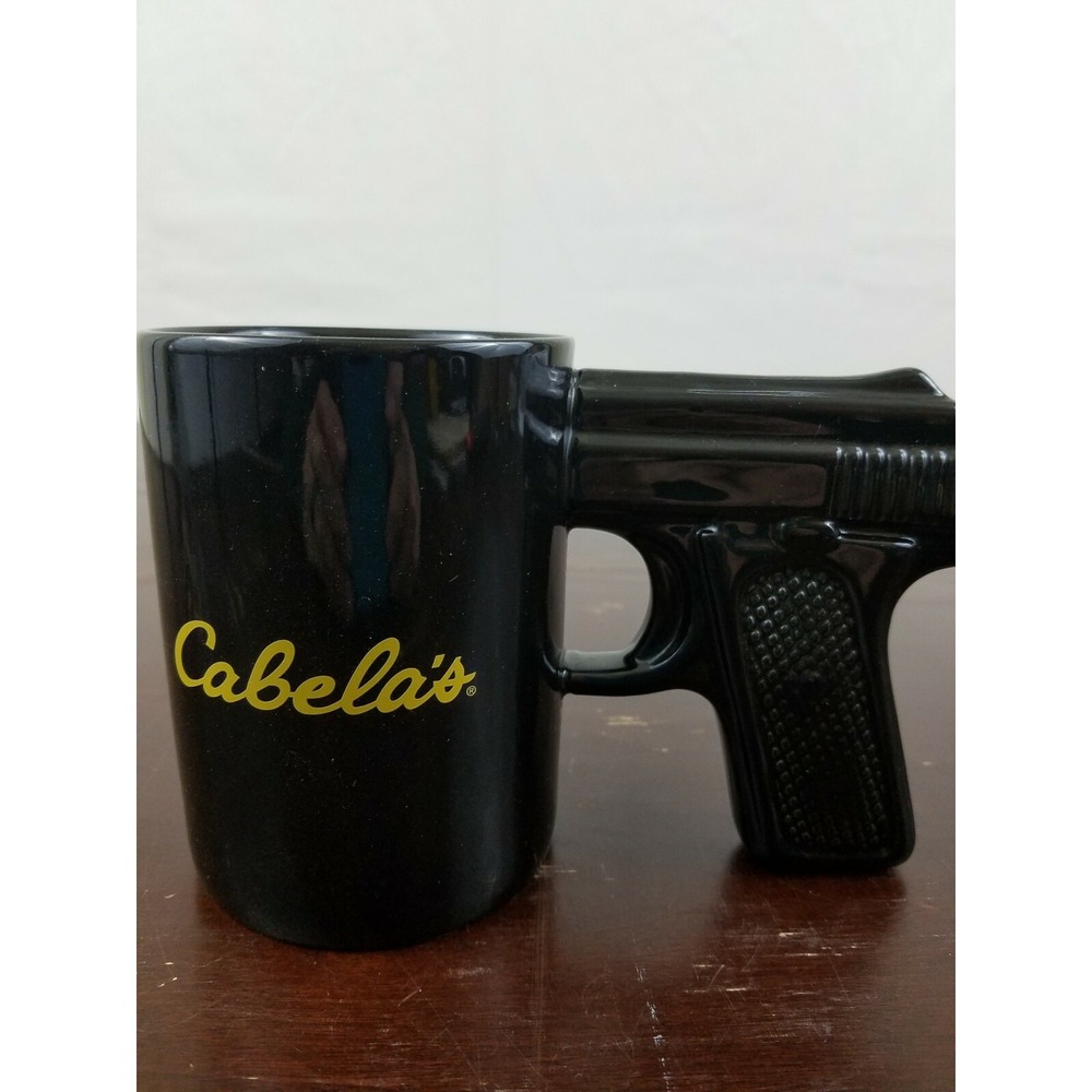 CABELA'S BLACK‎ HAND GUN PISTOL GRIP HANDLE 16 OZ CERAMIC COFFEE TEA MUG CUP